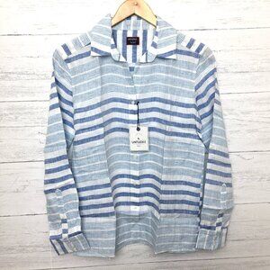 New UNTUCKit Women's Linen Shirt Blue White Stripe Vietti Button Up size 4